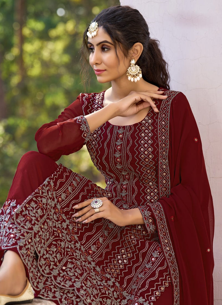 Lassya Fashion Dark Brown Thread Embroidered Palazzo Suit Set in Glory Silk