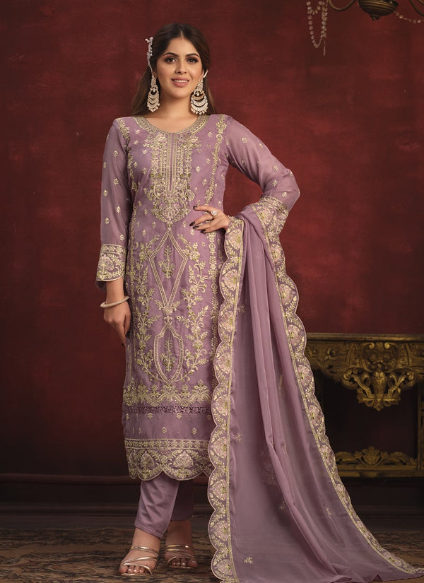 Lassya Fashion Dusty Pink Embroidered Straight Salwar Suit in Viscose Organza