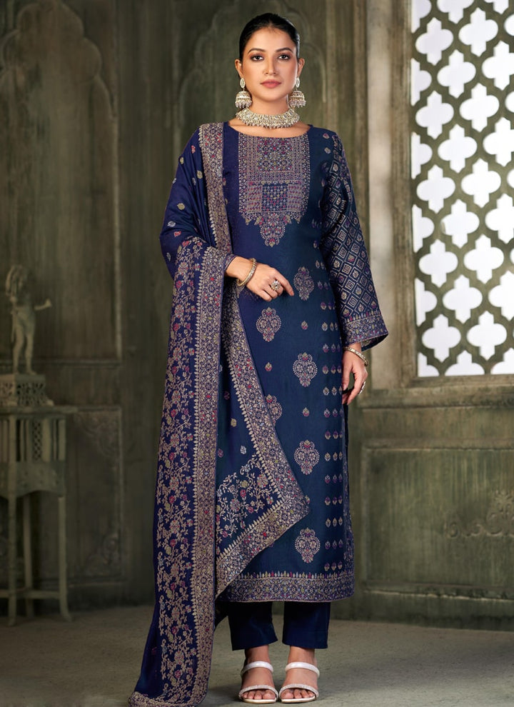 Lassya Fashion Navy Blue Designer Straight Salwar Suit in Pure Viscose Pashmina