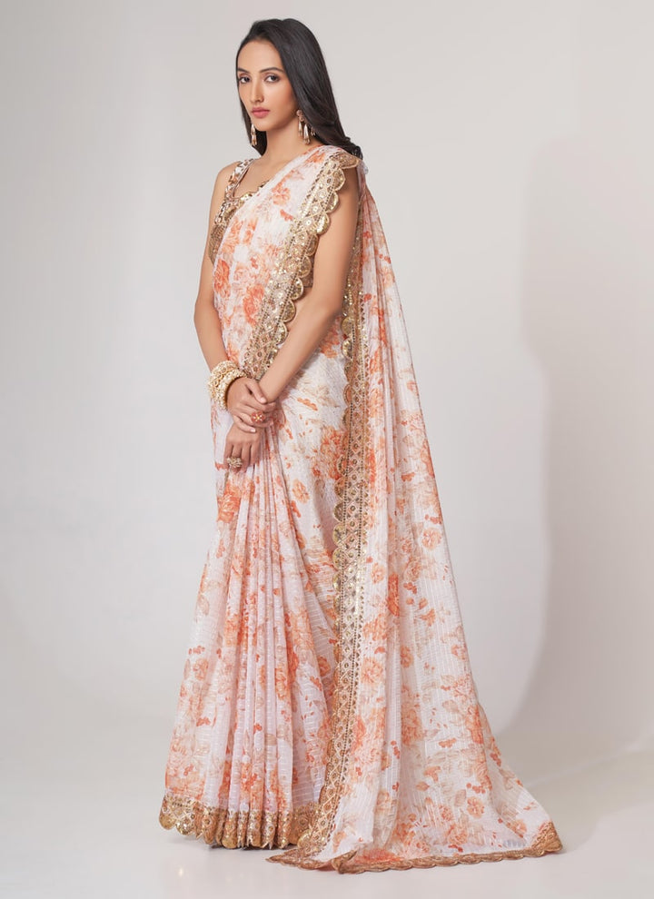 Lassya Fashion White Printed Organza Saree with Sequins Embroidery and Digital Print