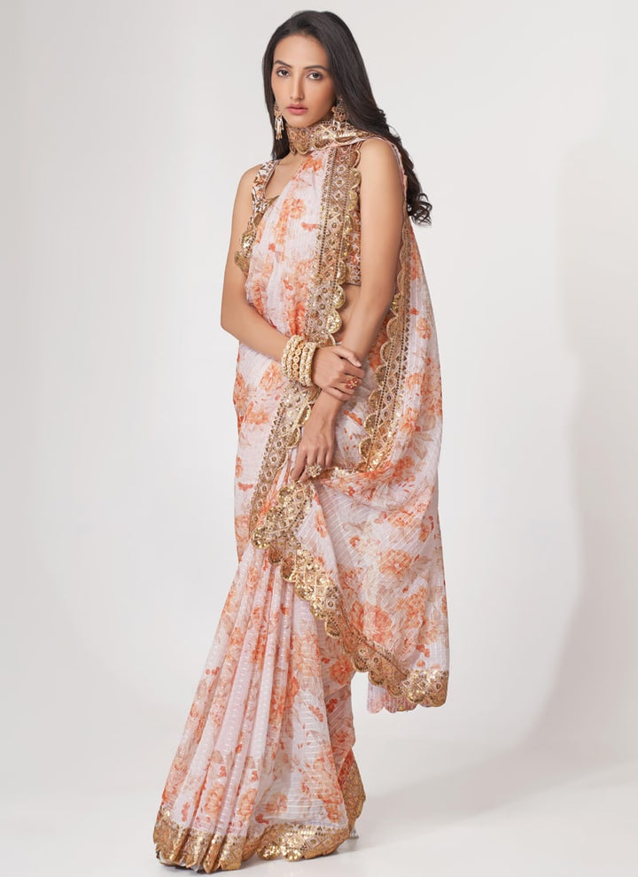 Lassya Fashion White Printed Organza Saree with Sequins Embroidery and Digital Print