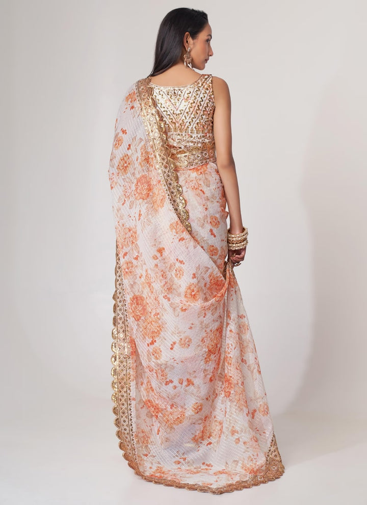 Lassya Fashion White Printed Organza Saree with Sequins Embroidery and Digital Print