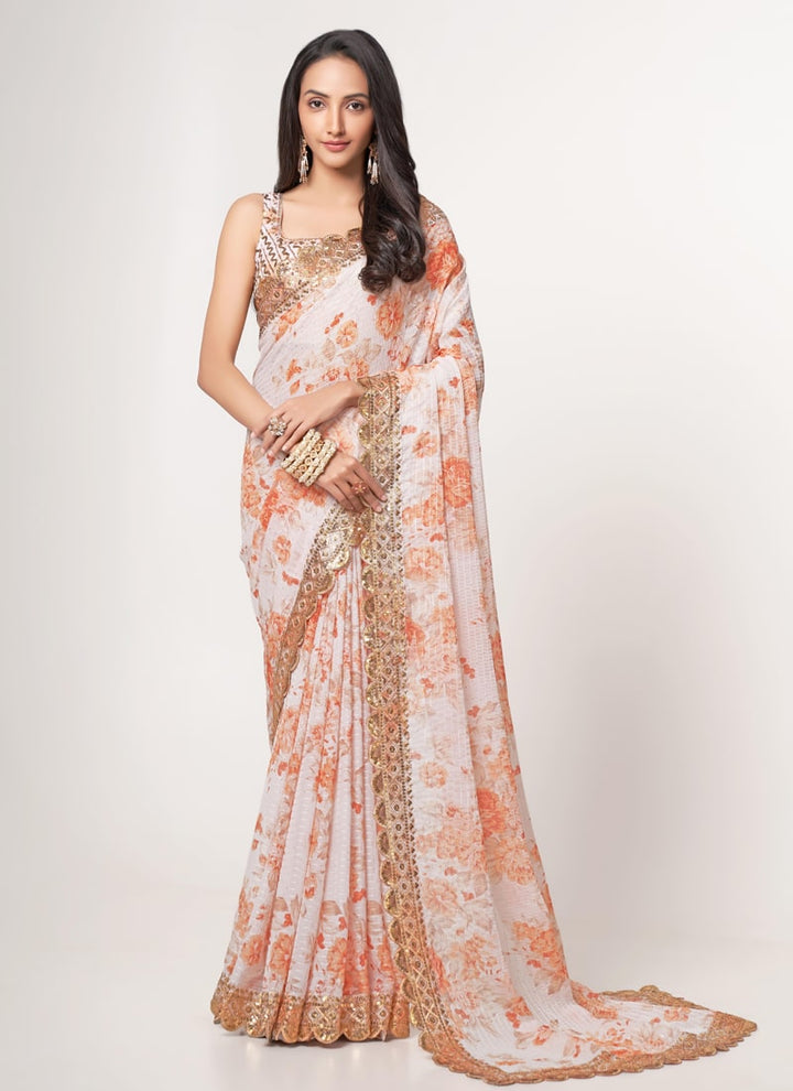 Lassya Fashion White Printed Organza Saree with Sequins Embroidery and Digital Print