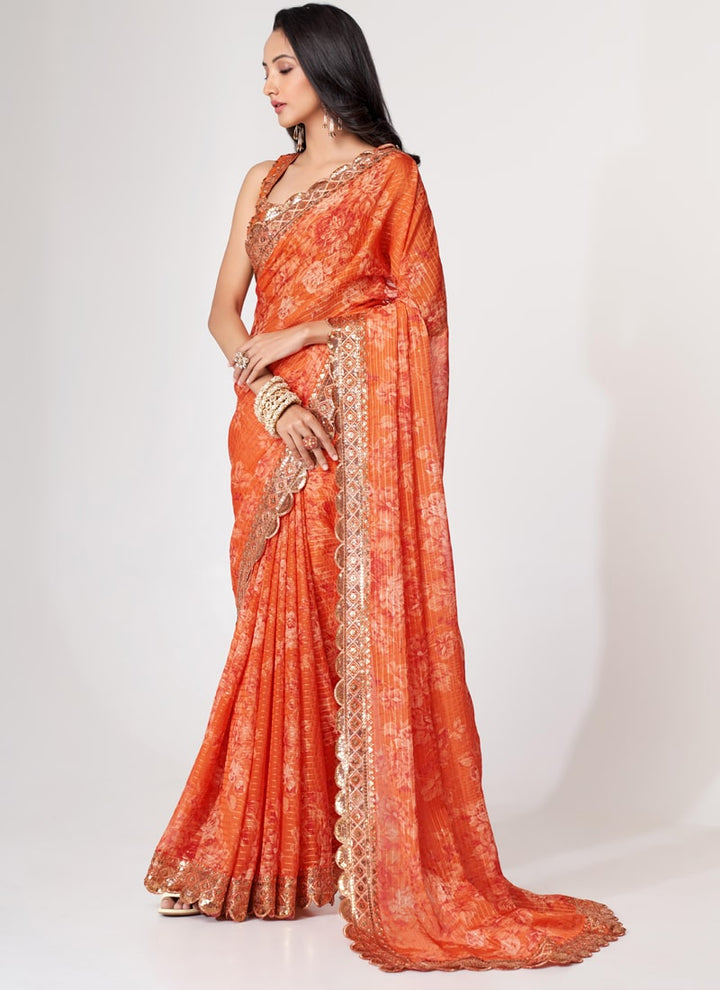 Lassya Fashion Orange Printed Organza Saree with Sequins Embroidery and Digital Print