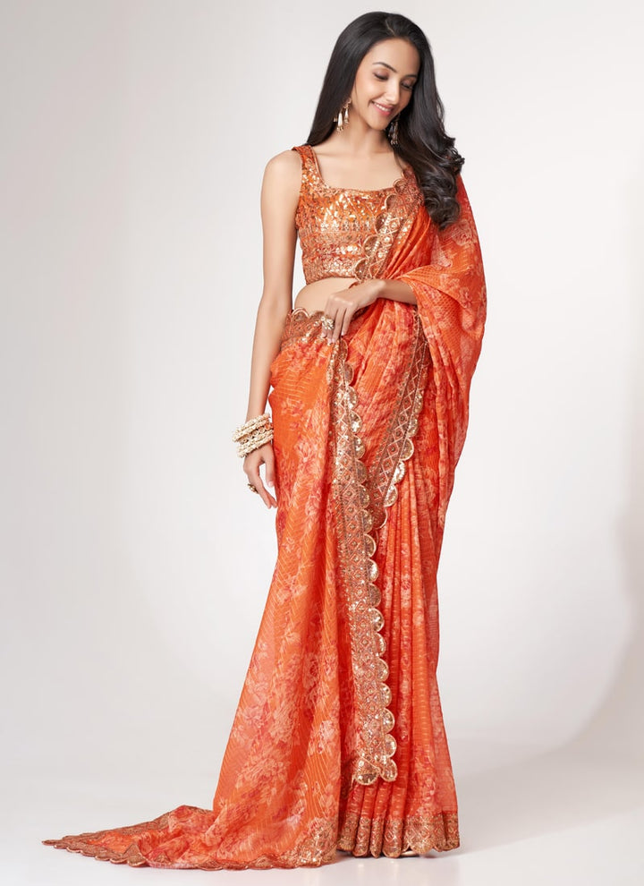 Lassya Fashion Orange Printed Organza Saree with Sequins Embroidery and Digital Print