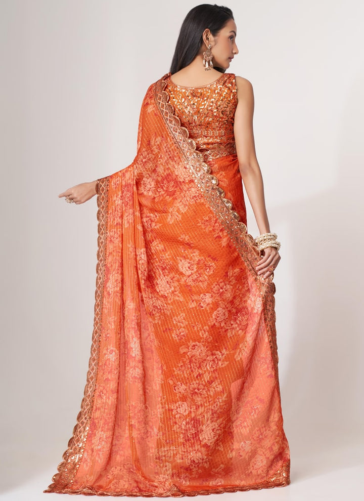 Lassya Fashion Orange Printed Organza Saree with Sequins Embroidery and Digital Print