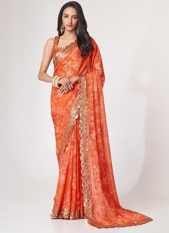 Lassya Fashion Orange Printed Organza Saree with Sequins Embroidery and Digital Print