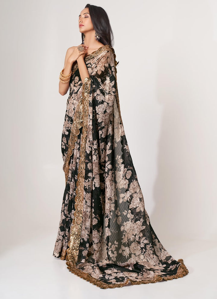 Lassya Fashion Black Printed Organza Saree with Sequins Embroidery and Digital Print