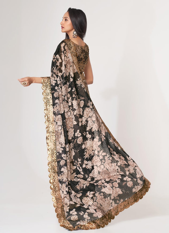 Lassya Fashion Black Printed Organza Saree with Sequins Embroidery and Digital Print