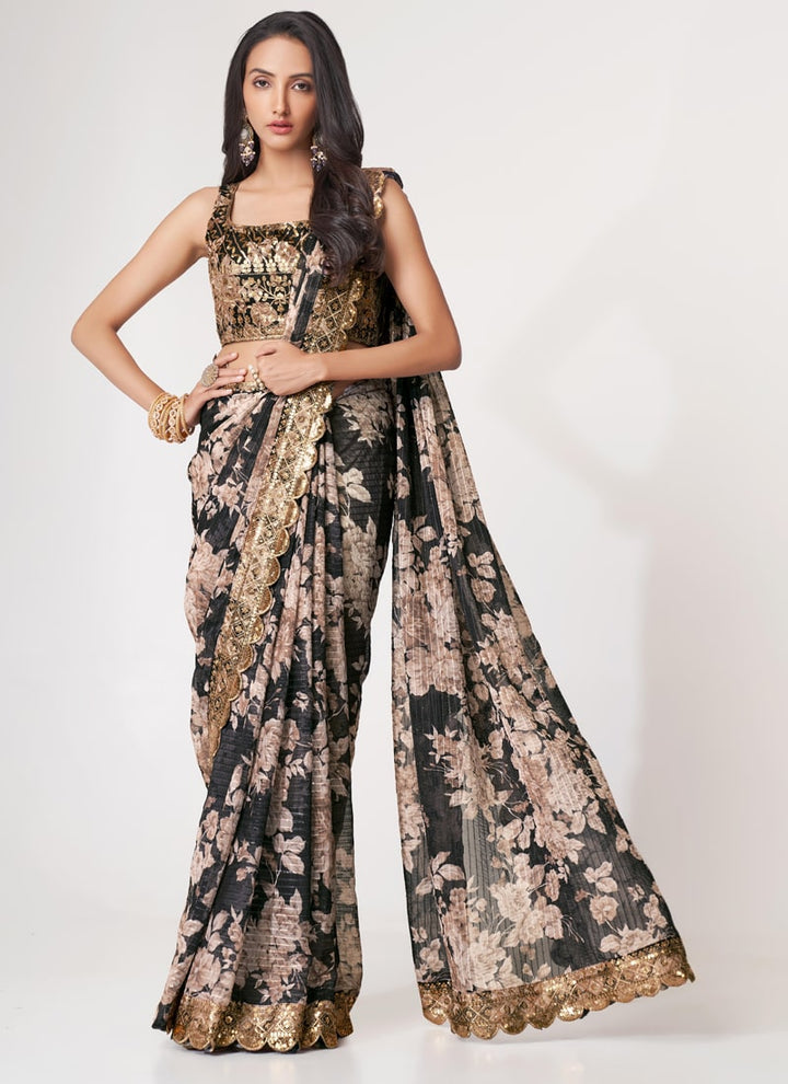 Lassya Fashion Black Printed Organza Saree with Sequins Embroidery and Digital Print