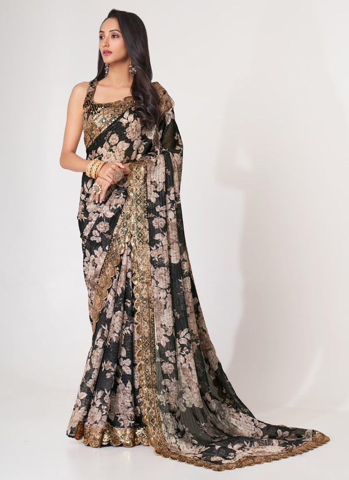 Lassya Fashion Black Printed Organza Saree with Sequins Embroidery and Digital Print