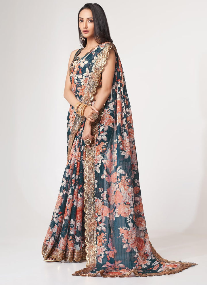 Lassya Fashion Dove Blue Printed Organza Saree with Sequins Embroidery and Digital Print