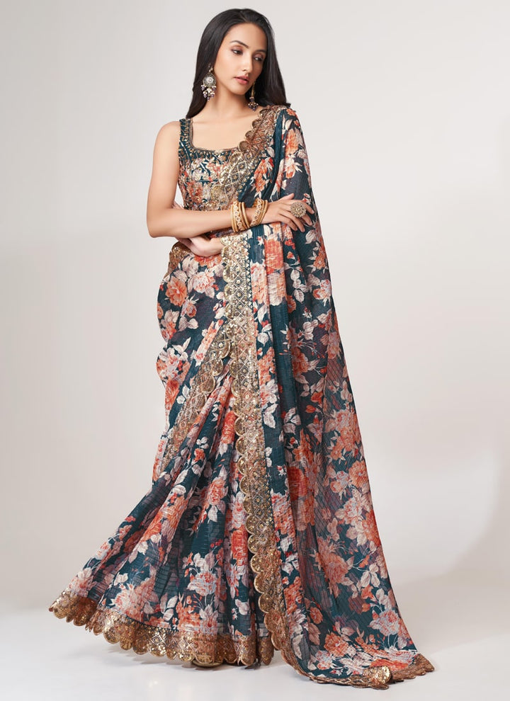 Lassya Fashion Dove Blue Printed Organza Saree with Sequins Embroidery and Digital Print