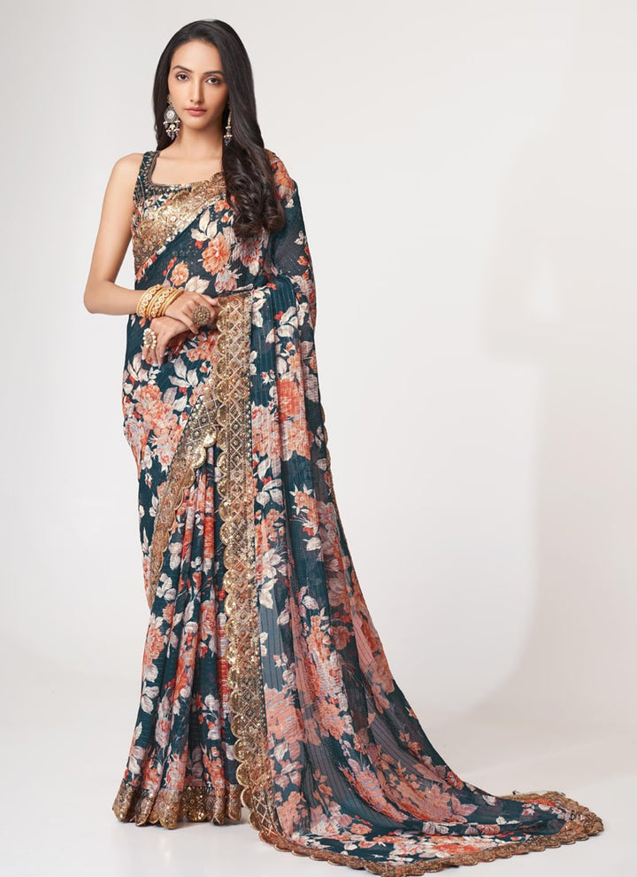 Lassya Fashion Dove Blue Printed Organza Saree with Sequins Embroidery and Digital Print