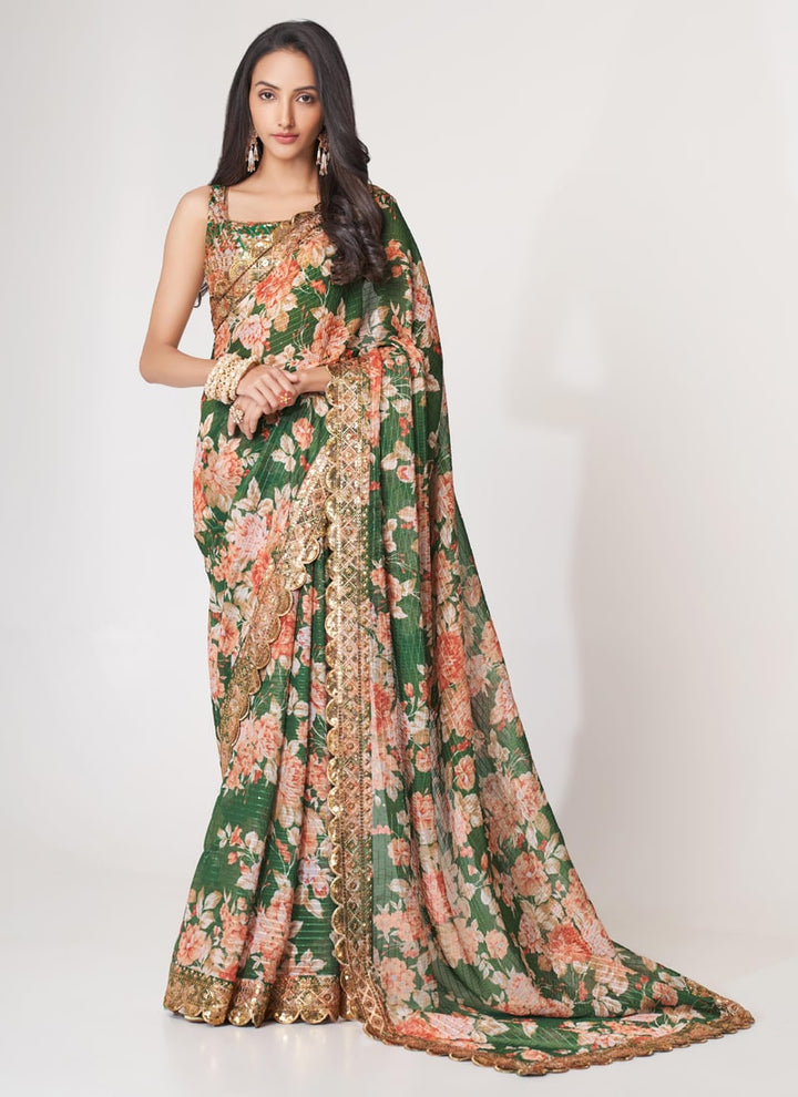 Lassya Fashion Green Printed Organza Saree with Sequins Embroidery and Digital Print