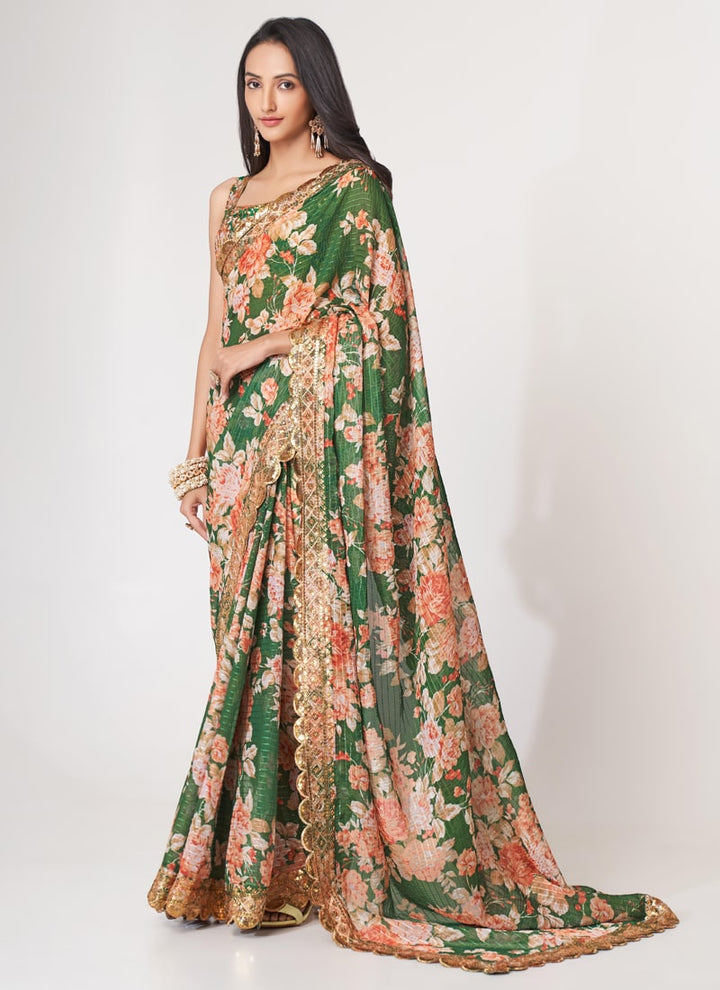 Lassya Fashion Green Printed Organza Saree with Sequins Embroidery and Digital Print