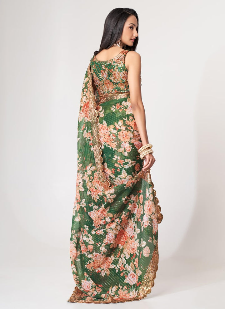 Lassya Fashion Green Printed Organza Saree with Sequins Embroidery and Digital Print