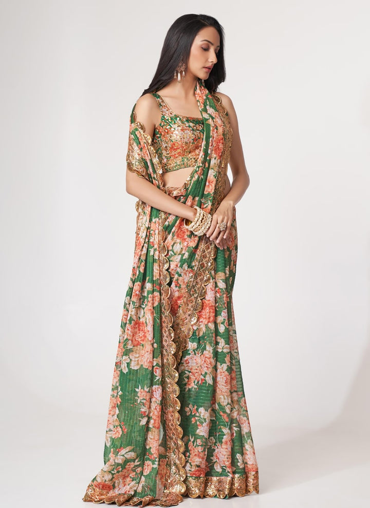 Lassya Fashion Green Printed Organza Saree with Sequins Embroidery and Digital Print