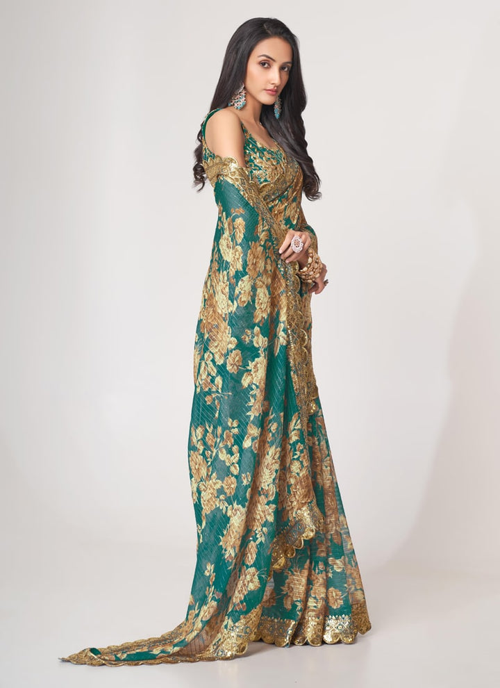 Lassya Fashion Teal Blue Printed Organza Saree with Sequins Embroidery and Digital Print