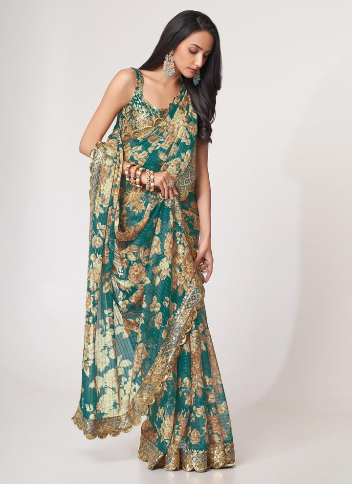 Lassya Fashion Teal Blue Printed Organza Saree with Sequins Embroidery and Digital Print