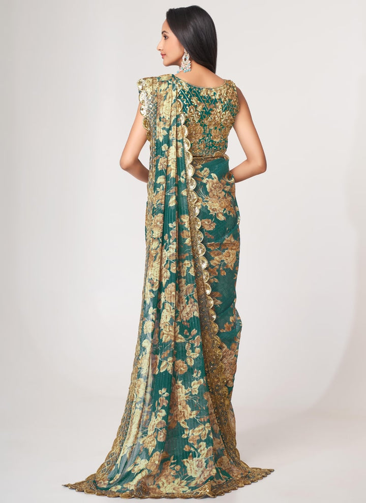 Lassya Fashion Teal Blue Printed Organza Saree with Sequins Embroidery and Digital Print