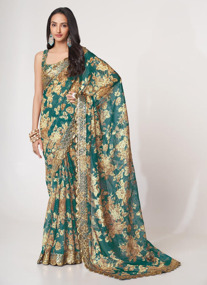 Lassya Fashion Teal Blue Printed Organza Saree with Sequins Embroidery and Digital Print