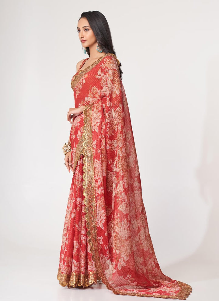 Lassya Fashion Red Printed Organza Saree with Sequins Embroidery and Digital Print