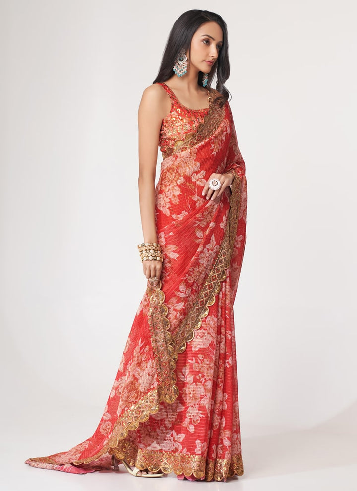 Lassya Fashion Red Printed Organza Saree with Sequins Embroidery and Digital Print