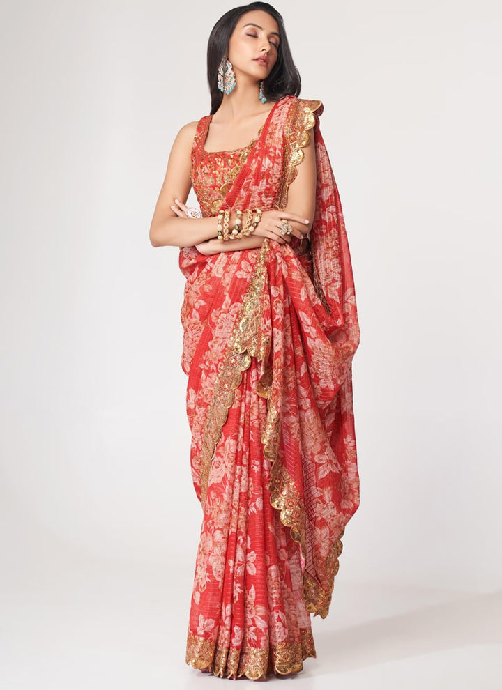 Lassya Fashion Red Printed Organza Saree with Sequins Embroidery and Digital Print