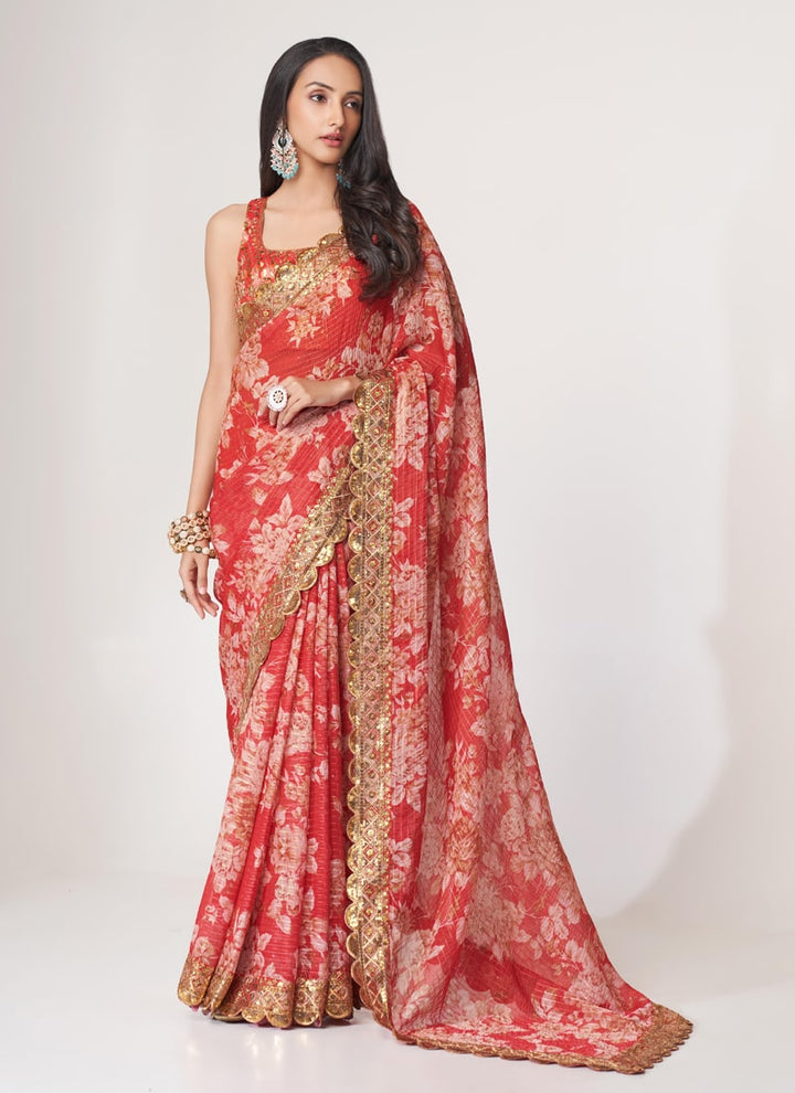 Lassya Fashion Red Printed Organza Saree with Sequins Embroidery and Digital Print