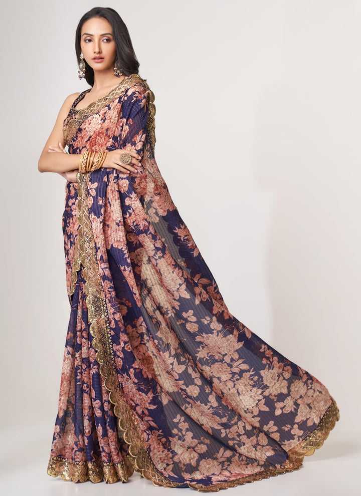 Lassya Fashion Purple Printed Organza Saree with Sequins Embroidery and Digital Print