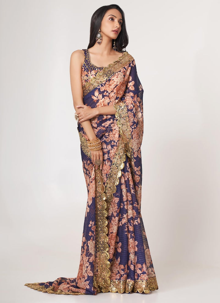 Lassya Fashion Purple Printed Organza Saree with Sequins Embroidery and Digital Print