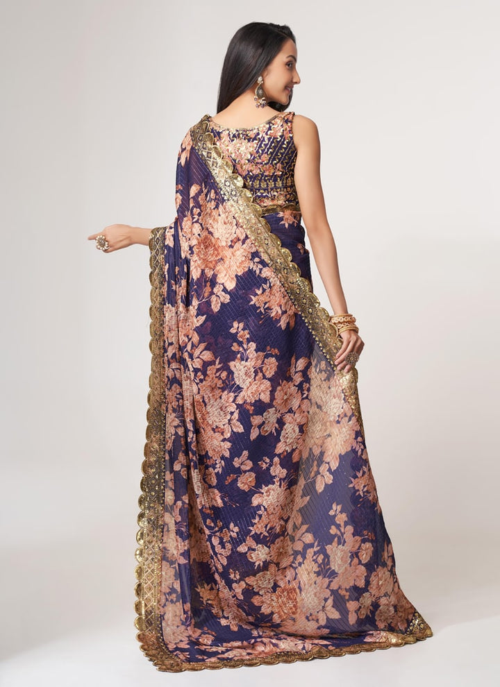 Lassya Fashion Purple Printed Organza Saree with Sequins Embroidery and Digital Print