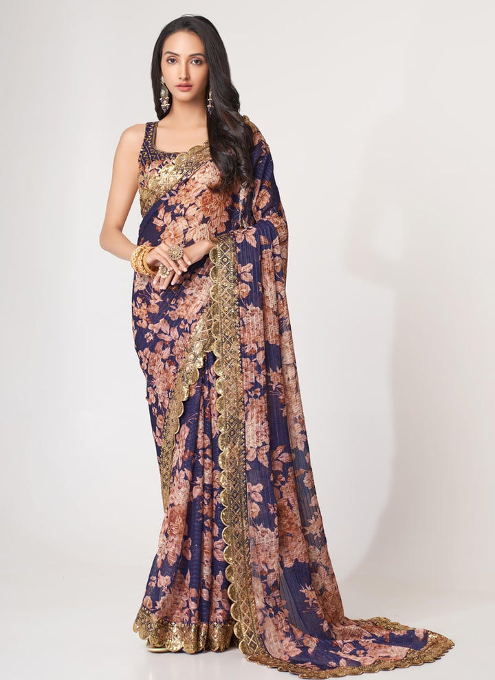 Lassya Fashion Purple Printed Organza Saree with Sequins Embroidery and Digital Print