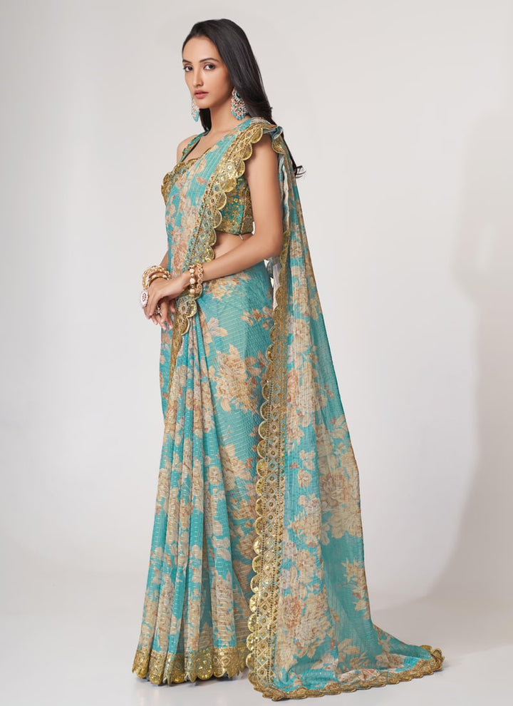 Lassya Fashion Sky Blue Printed Organza Saree with Sequins Embroidery and Digital Print