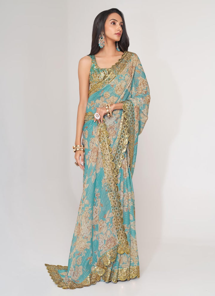 Lassya Fashion Sky Blue Printed Organza Saree with Sequins Embroidery and Digital Print