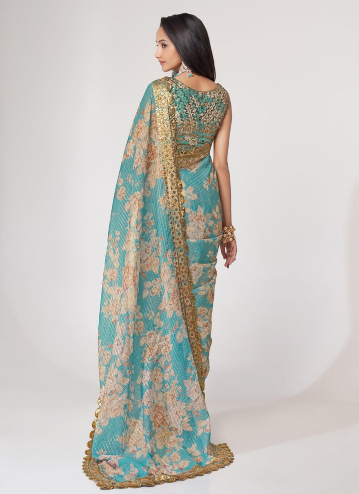 Lassya Fashion Sky Blue Printed Organza Saree with Sequins Embroidery and Digital Print