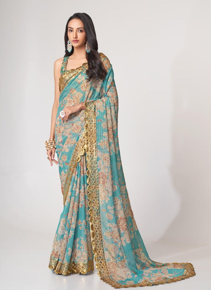 Lassya Fashion Sky Blue Printed Organza Saree with Sequins Embroidery and Digital Print