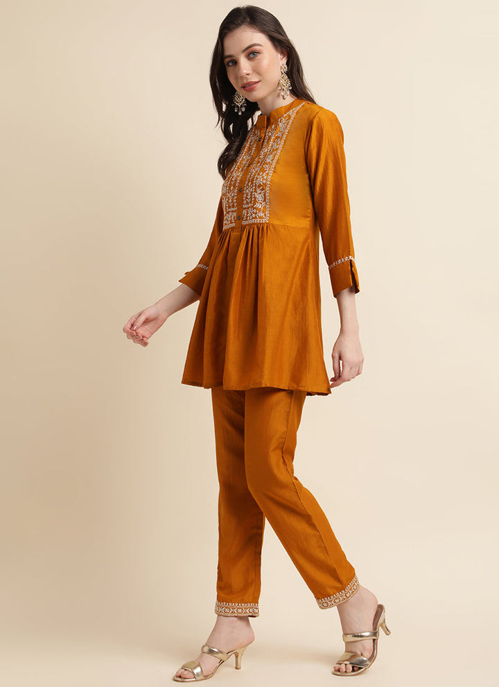 Lassya Fashion Mustard Chinon Kurta and Pant Set with Embroidery Work