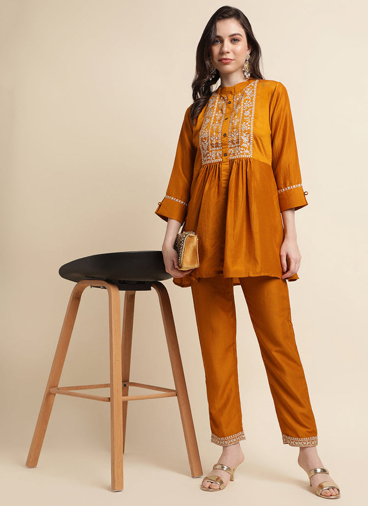 Lassya Fashion Mustard Chinon Kurta and Pant Set with Embroidery Work