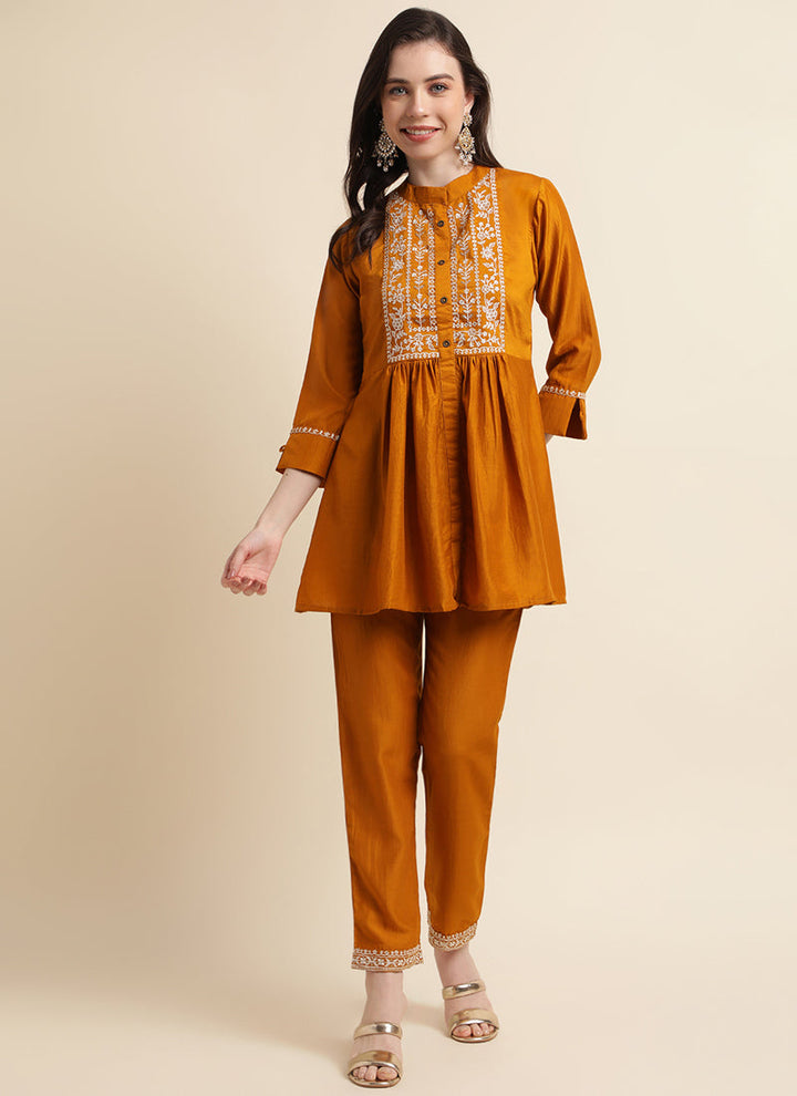 Lassya Fashion Mustard Chinon Kurta and Pant Set with Embroidery Work