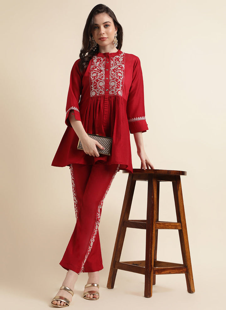 Lassya Fashion Red Chinon Kurta and Pant Set with Embroidery Work