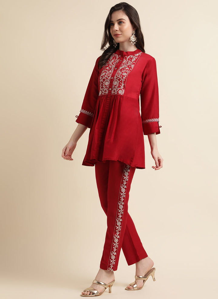 Lassya Fashion Red Chinon Kurta and Pant Set with Embroidery Work