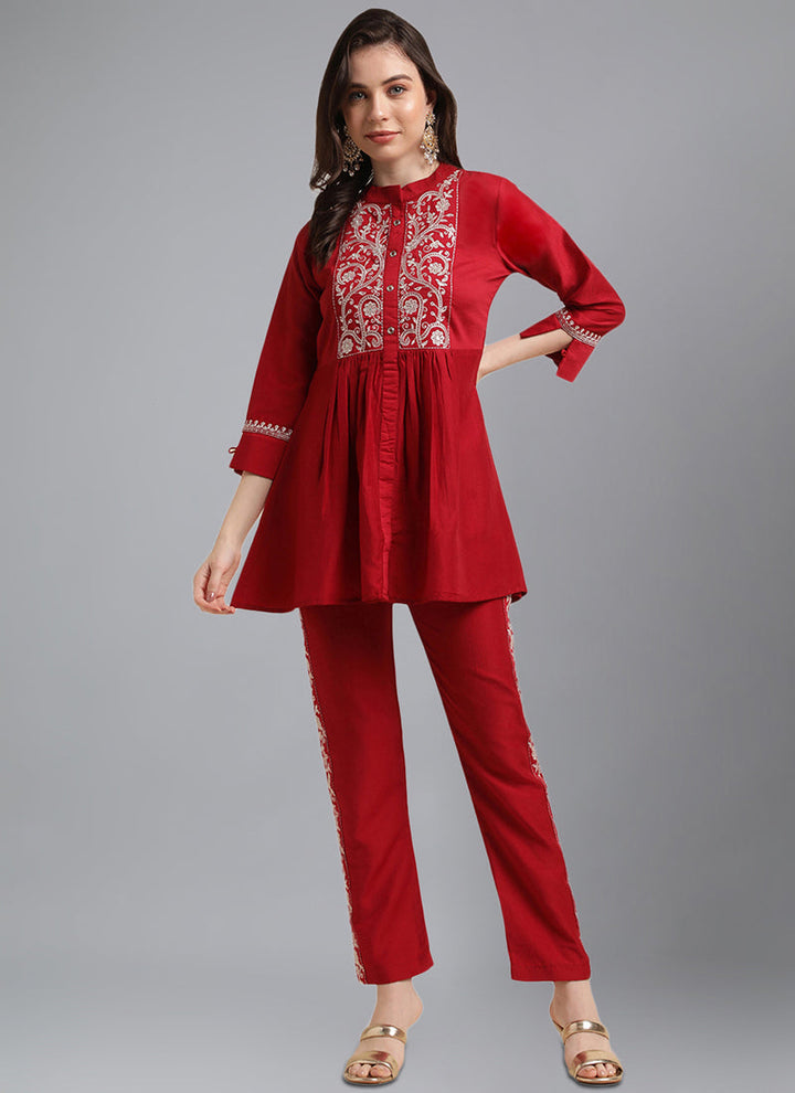 Lassya Fashion Red Chinon Kurta and Pant Set with Embroidery Work