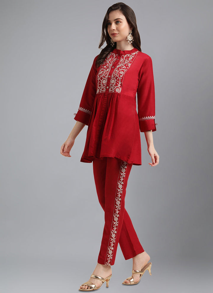 Lassya Fashion Red Chinon Kurta and Pant Set with Embroidery Work