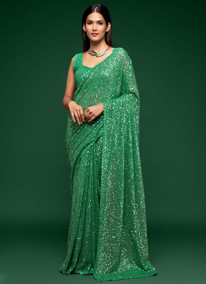 Lassya Fashion Mint Green Party Wear Georgette Saree with Thread and Sequins