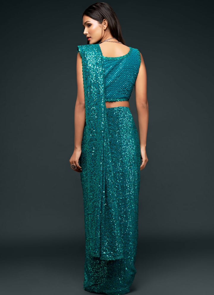 Lassya Fashion Teal Blue Party Wear Georgette Saree with Thread and Sequins