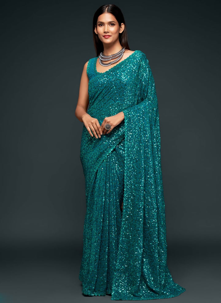 Lassya Fashion Teal Blue Party Wear Georgette Saree with Thread and Sequins