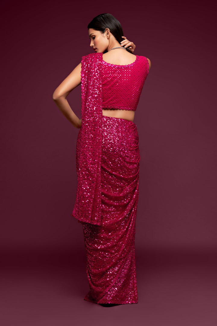 Lassya Fashion Hot Pink Party Wear Georgette Saree with Thread and Sequins