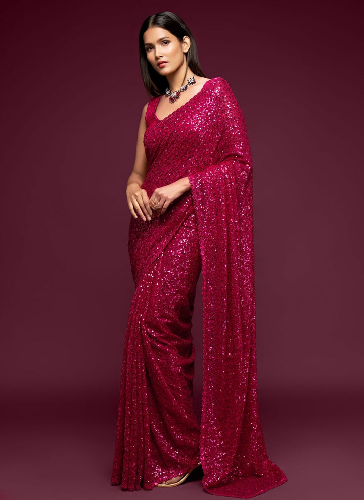 Lassya Fashion Hot Pink Party Wear Georgette Saree with Thread and Sequins